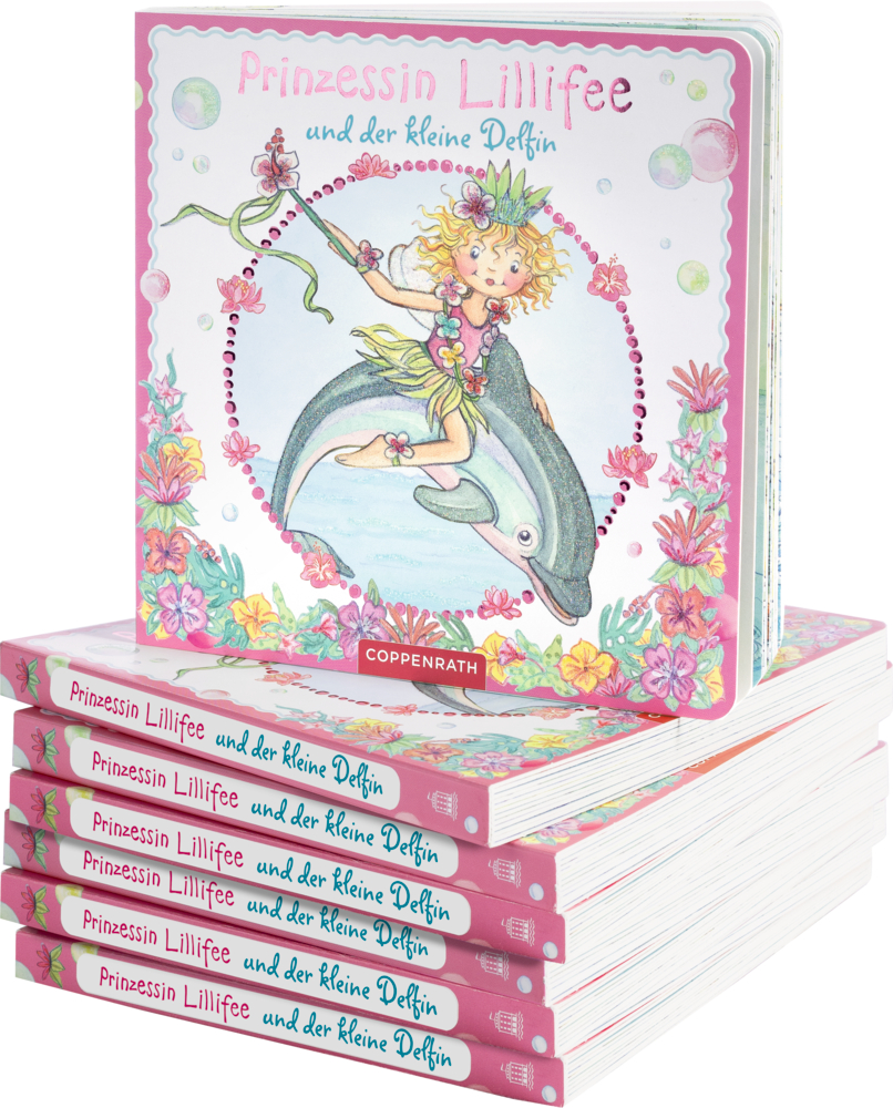 Stapel Bücher „Prinzessin Lillifee und der kleine Delfin“, Umschlag zeigt Märchenprinzessin auf einem Delphin reitend.