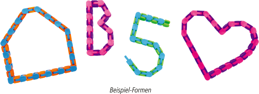Bunte Steckglieder bilden ein Haus, den Buchstaben B, die Zahl 5 und ein Herz. Text: Beispiel-Formen.