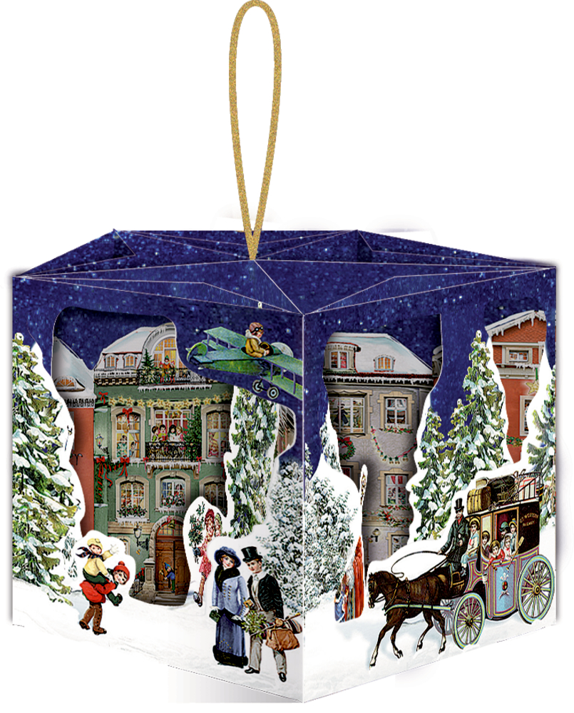 FÃ¼nfeckiger PapieranhÃ¤nger zeigt eine weihnachtliche Szene mit Menschen und HÃ¤usern im Schnee.