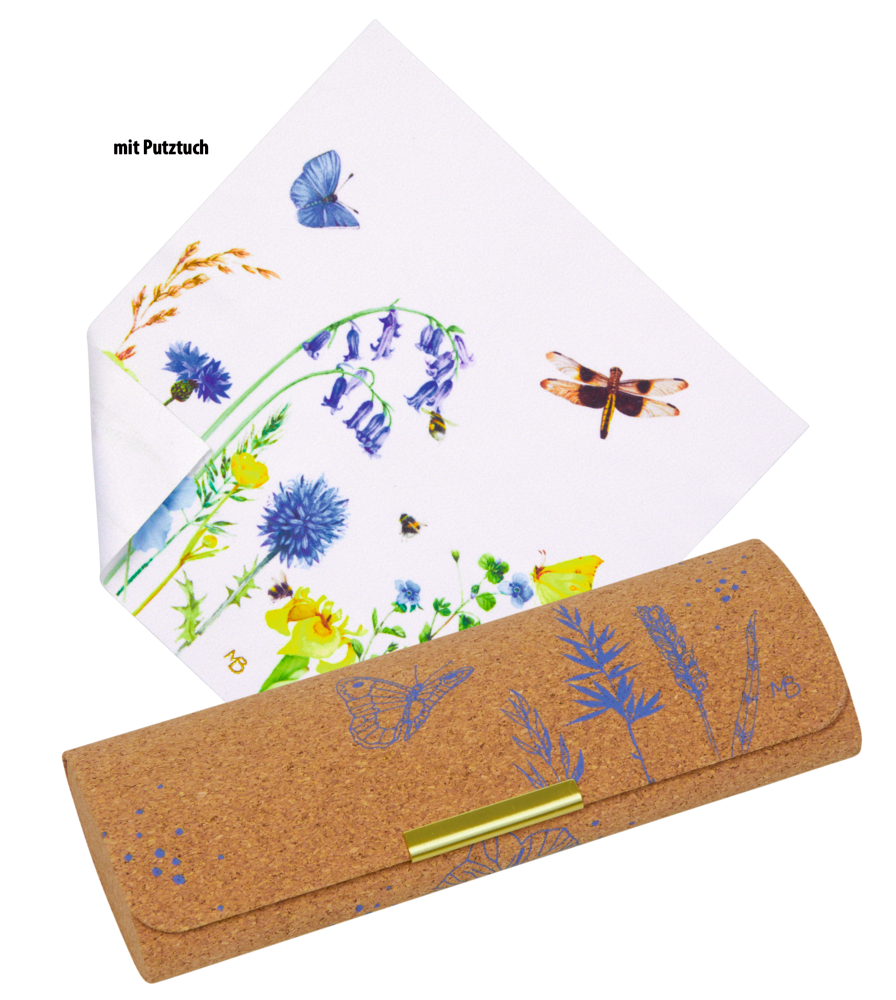 Brillenetui aus Kork mit blauem Blumenmuster und passendem Putztuch mit Blumen und Insekten.