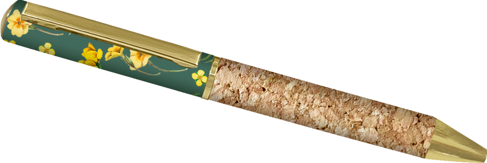 grün, Kugelschreiber - GartenLiebe (Bastin) Stift mit Korkstruktur, grüner Kappe mit gelbem Blumenmuster und goldenen Akzenten.