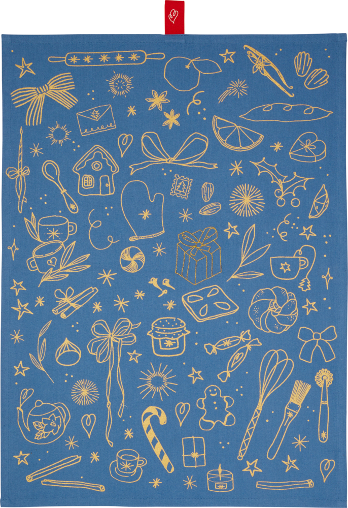 Geschirrtuch - Make a wish (Weihnachten) Blaues Geschirrtuch mit goldenen Strichzeichnungen von Ovenhandschuhen, Tekanne, Tassen, Geschenken, Sternen und Küchenutensilien.