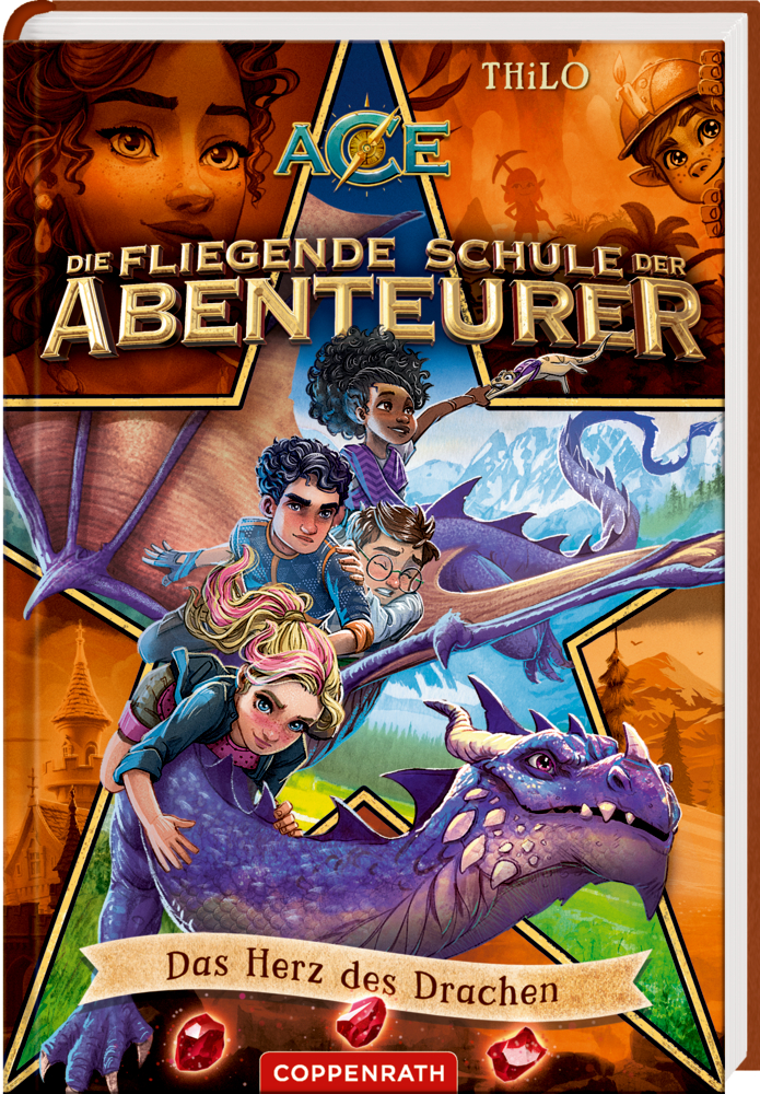 Die fliegende Schule der Abenteurer (Bd.5) Vier Kinder reiten auf einem lila Drachen mit magischen Symbolen, auf dem Cover von "Die fligende Schule der Abenteuerer".