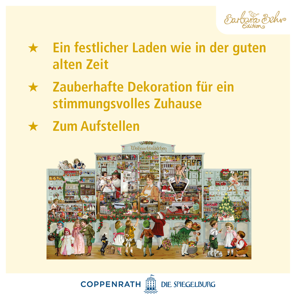 Faltbare Weihnachtsdekoration mit nostalgischem Ladenmotiv und Figuren in festlicher Kleidung vor Regalen mit Waren und Baum.