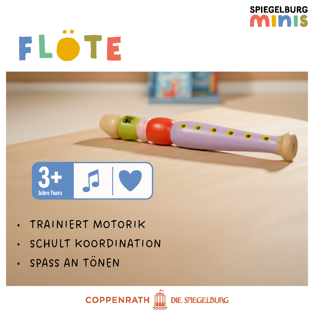 Eine bunte Holzflöte für Kinder ab 3 Jahren liegt auf einer hellen Holzoberfläche. Der Text ist daneben zu sehen.