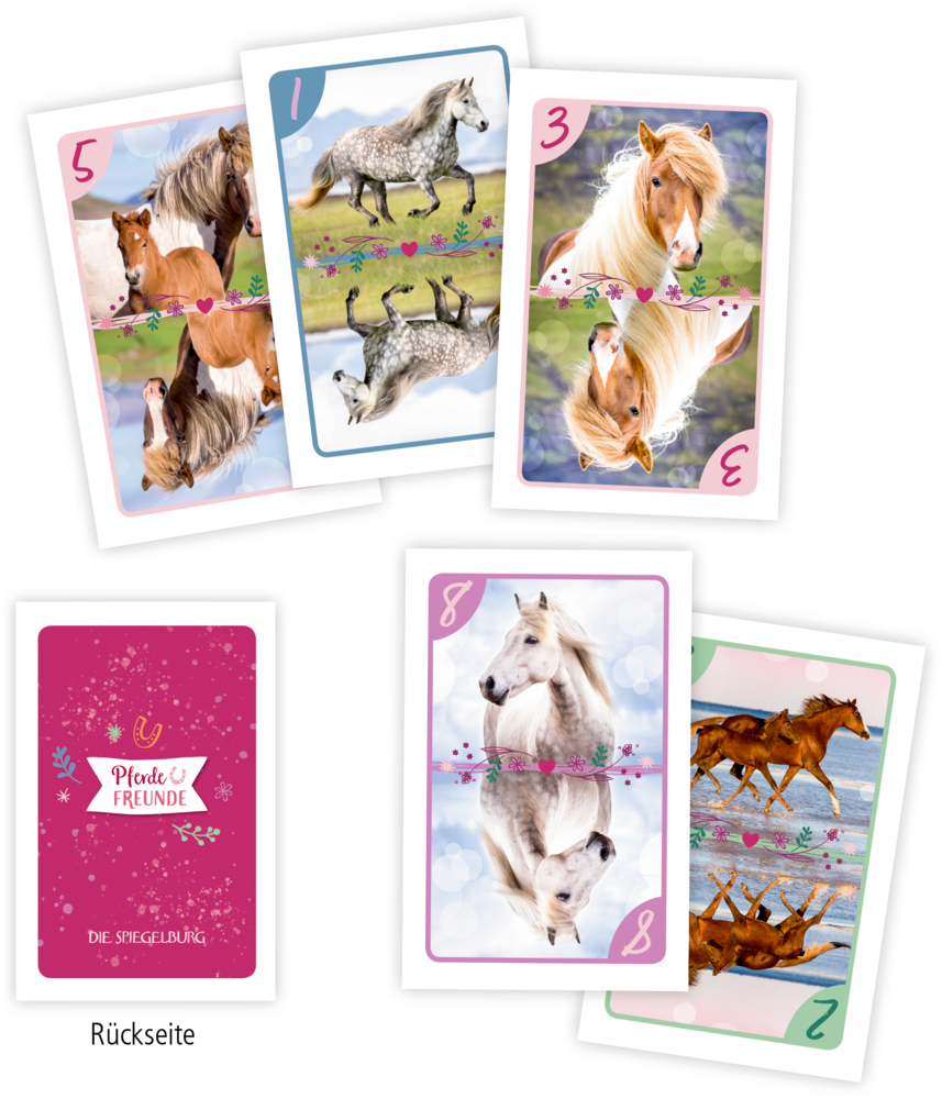 Fünf farbenfrohe Spielkarten mit Pferdemotiven und eine Karte mit einer rosa gemusterten Rückseite und Text.