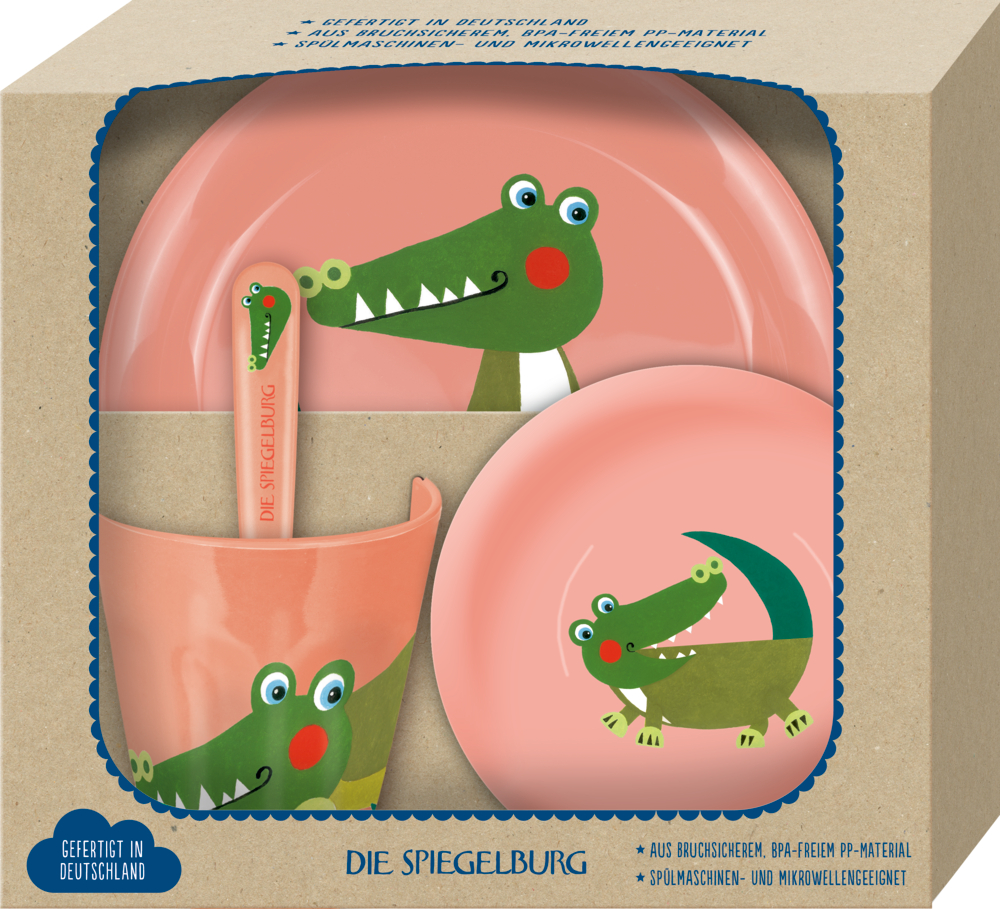 Geschirr Geschenkset Krokodil - Freche Rasselbande Kindergeschirrset mit Krokodilmotiven: Becher, Schüssel, Teller und Löffel in einer Box.
