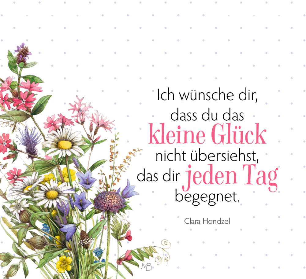 Links Wildblumen, rechts ein Zitat von Clara Hondzel über das tägliche Schätzen kleiner Freuden, auf einer Seite.