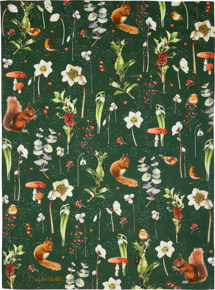 Geschirrtuch mit Muster aus Eichhörnchen, Vögeln, weißen Blumen, Pilzen und grünen Blättern auf dunkelgrünem Hintergrund.