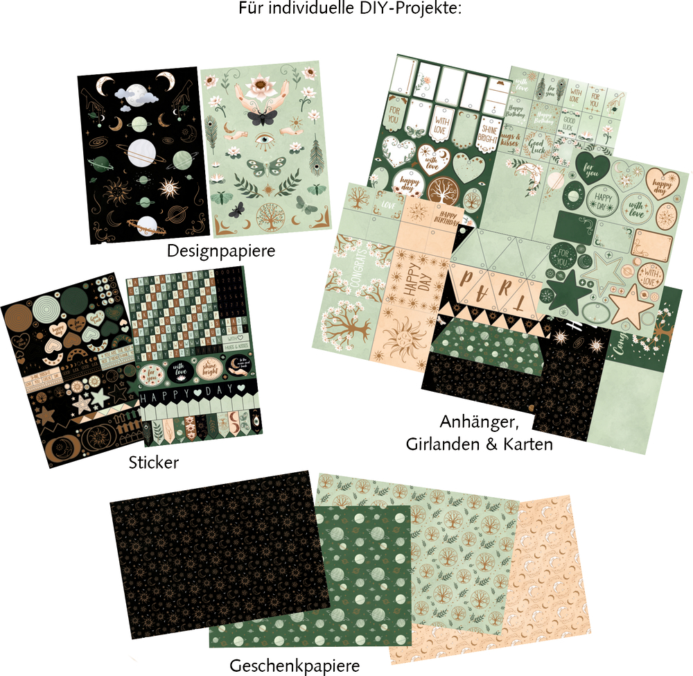DIY-Set Beschreibungstext: Designpapiere, Sticker, Karten & Geschenkanhänger – alles für kreative Projekte!.