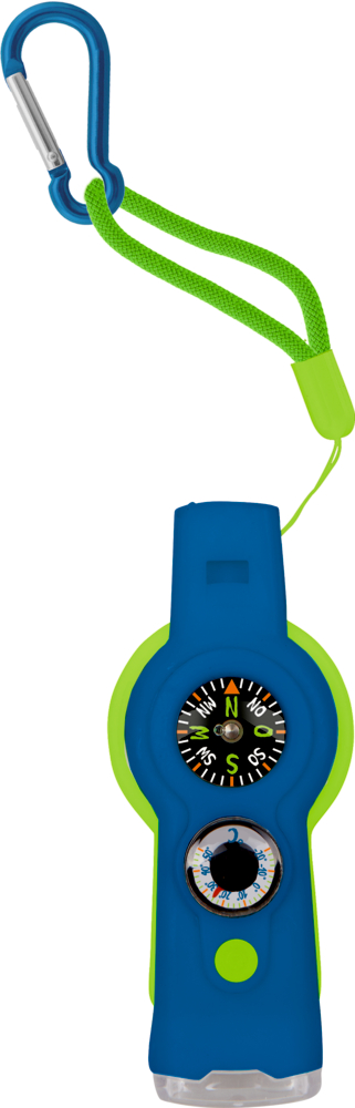 Blauer und grüner Handkompass mit Riemen und Karabinerhaken an der Oberseite zum einfachen Tragen.