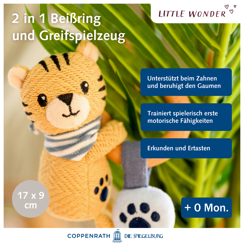 Plüsch-Tiger-Beißspielzeug für Babys mit blauen und weißen Akzenten, abgebildet neben einer grünen Pflanze.