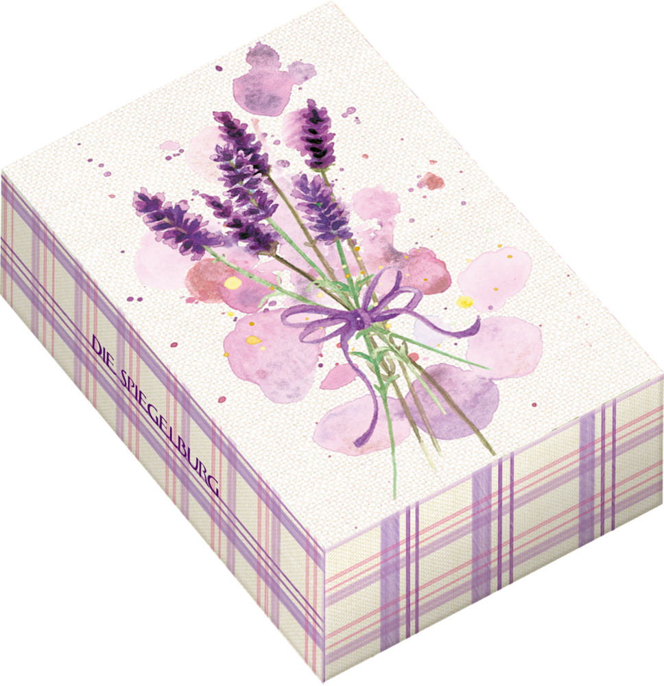 Geschenkbox mit Aquarellstrauß aus lila Lavendelblüten und lila kariertem Muster.