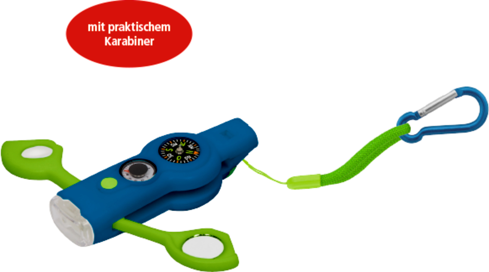 Blaugrünes Multitool mit Kompass, Taschenlampe, Pfeife und grünem Karabiner, verbunden durch einen Riemen.