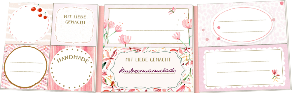 Etikettenvorlagen in Rosa mit Blumenmuster und leeren Feldern zum Schreiben.