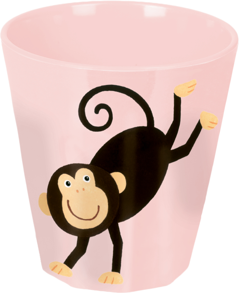 Becher Affe - Freche Rasselbande Rosa Becher mit einem Cartoon-Affen, der lächelt und einen Handstand macht, verspielt auf der Seite aufgedruckt.