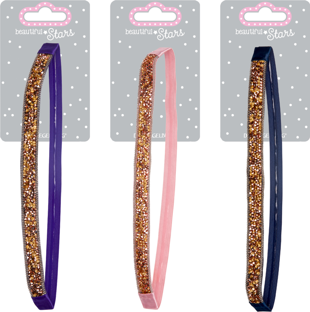 Haarband Glam - beautiful Stars Drei glitzernde Stirnbänder – Lila, Pink und Marineblau – auf einer Beautiful Stars-Verpackung mit grauen Punkten.