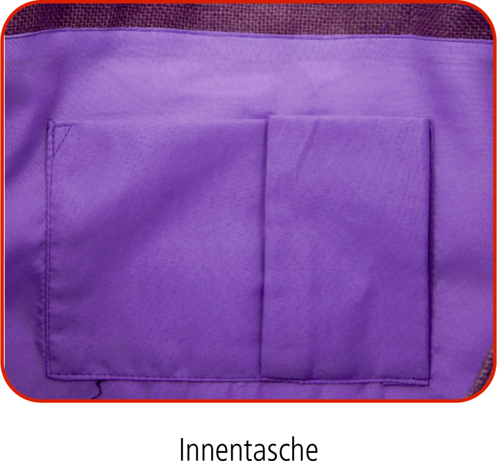 Lilafarbene Innentasche mit Steppnaht, Aufschrift „Innentasche“.