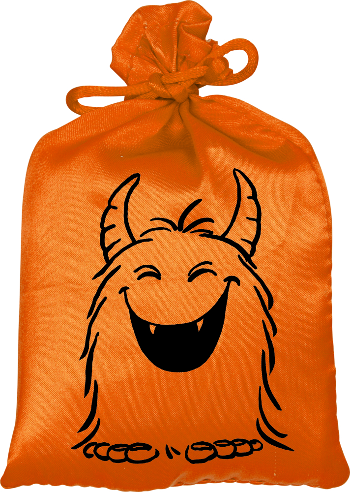 Lachsack - Wild+Cool Leuchtend orangener Beutel mit schwarzem, lachenden Monster-Gesicht mit Hörnern.