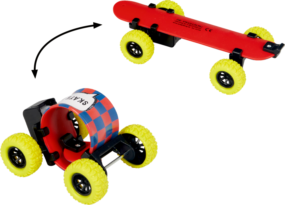 Rotes Skateboard-Schnapparmband mit gelben Rädern verwandelt sich in ein Skateboard; aus zwei Blickwinkeln gezeigt.