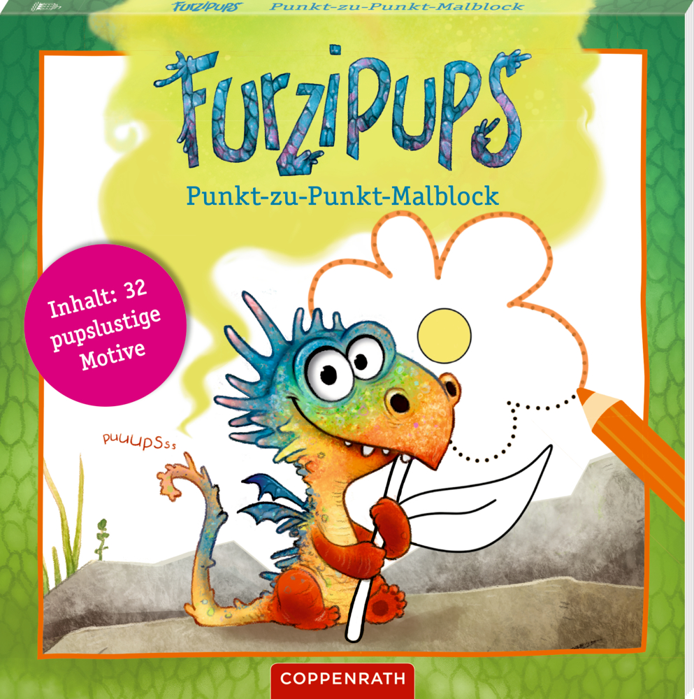 Punkt-zu-Punkt-Malblock - Furzipups Bunter Drache mit Blatt zeichnet eine Blume auf einem grün-gelben Buchcover eines Punkt-zu-Punkt Malbuchs.
