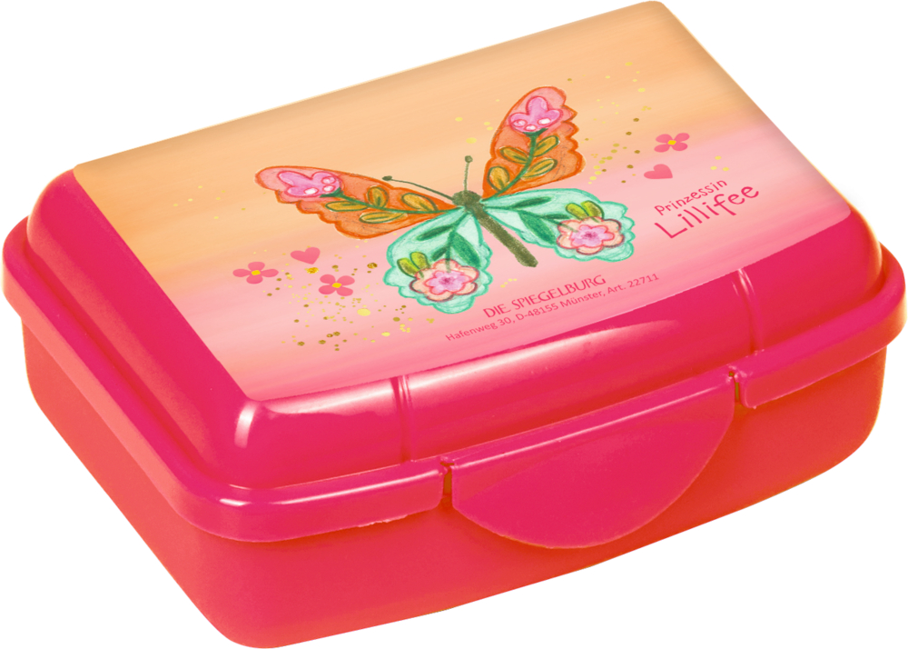 Kleine rosa Lunchbox mit Schmetterlings- und Blumenmuster auf dem Deckel, beschriftet mit „Prinzessin Lillifee“.