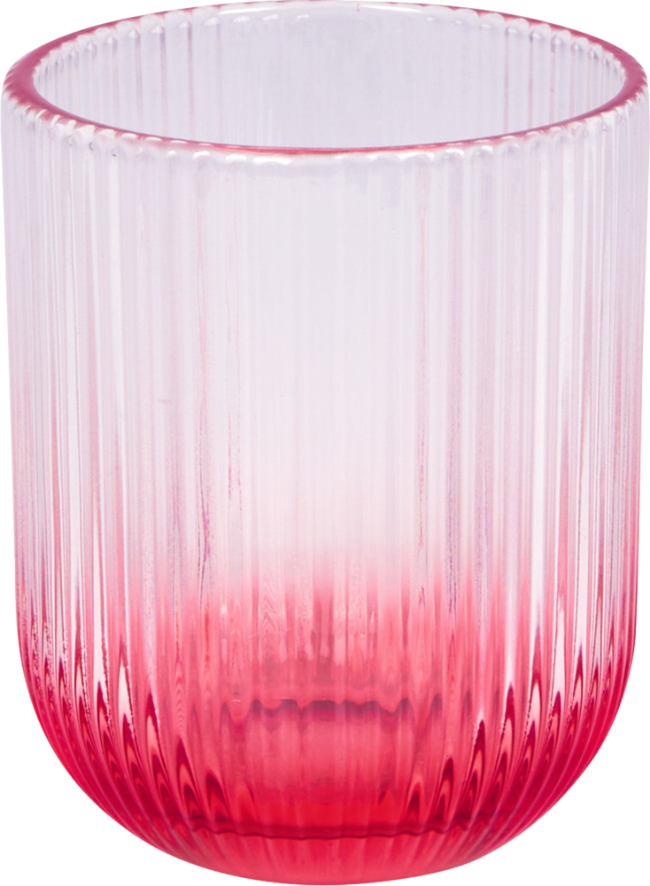 Geriffeltes Glas mit zylindrischer Form und Farbverlauf von transparent oben zu pink unten.