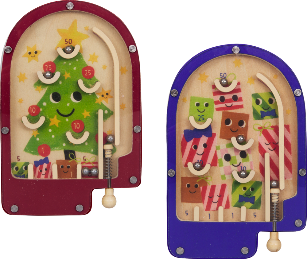 Zwei kleine Kugelspiele aus Holz mit weihnachtlichen Motiven, links mit Tannenbaum, rechts mit Geschenken und fröhlichen Gesichtern.