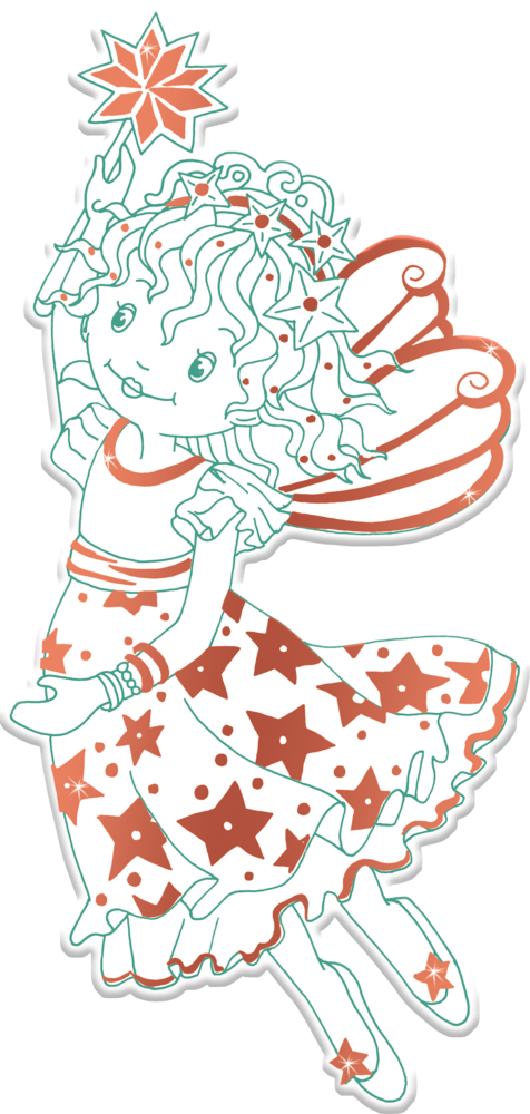 Lillifee mit Flügeln, lockigem Haar, Kleid und Krone mit Sternenmuster, die einen Sternenstab häl