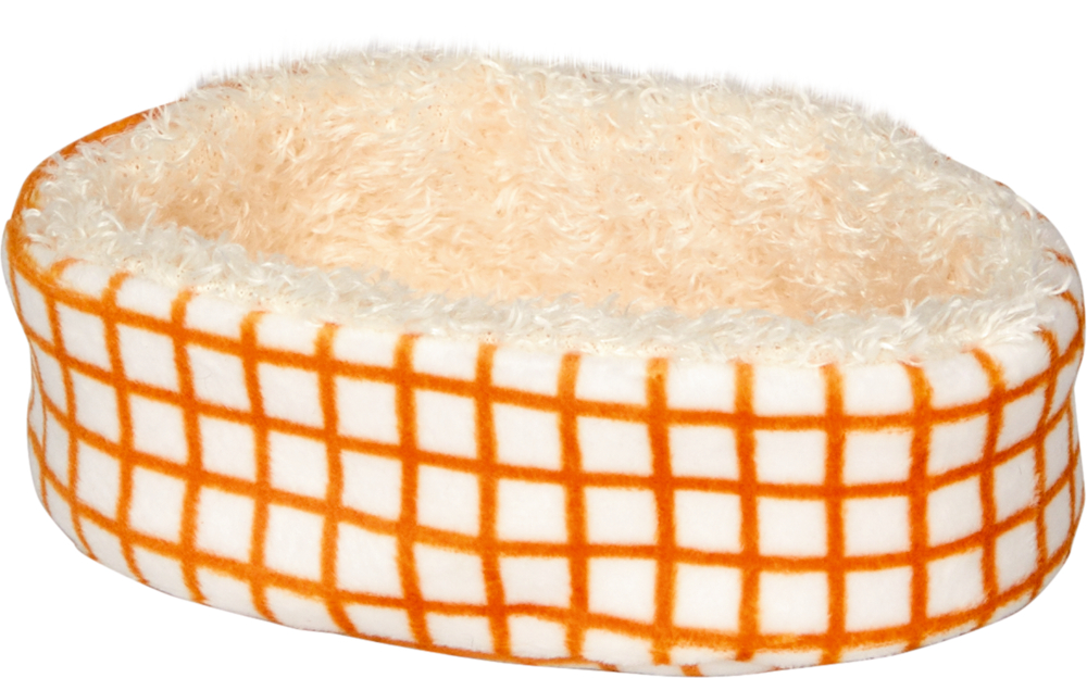 Weiches, ovales Plüschtierbett mit flauschiger, cremefarbener Innenseite und orange karierten Seiten.