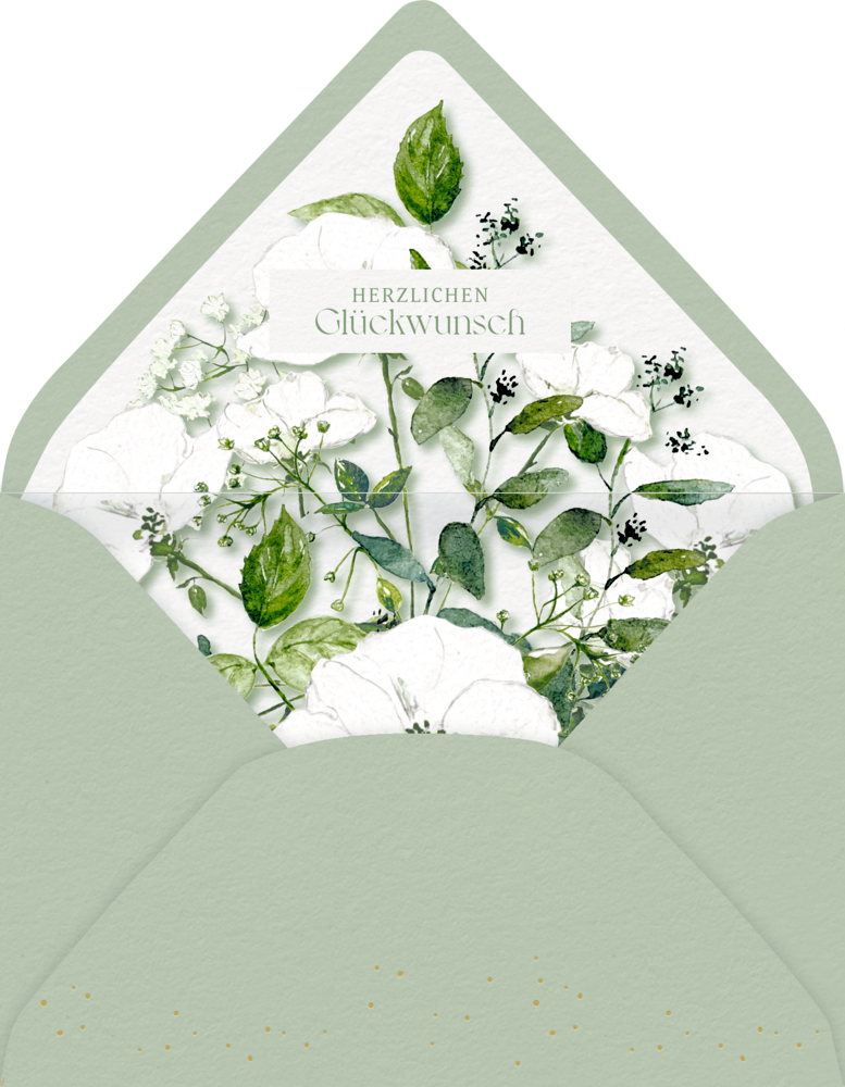 Grüner Umschlag mit einer Karte darin mit weißen Blumen und der Aufschrift „Herzlichen Glückwunsch“.