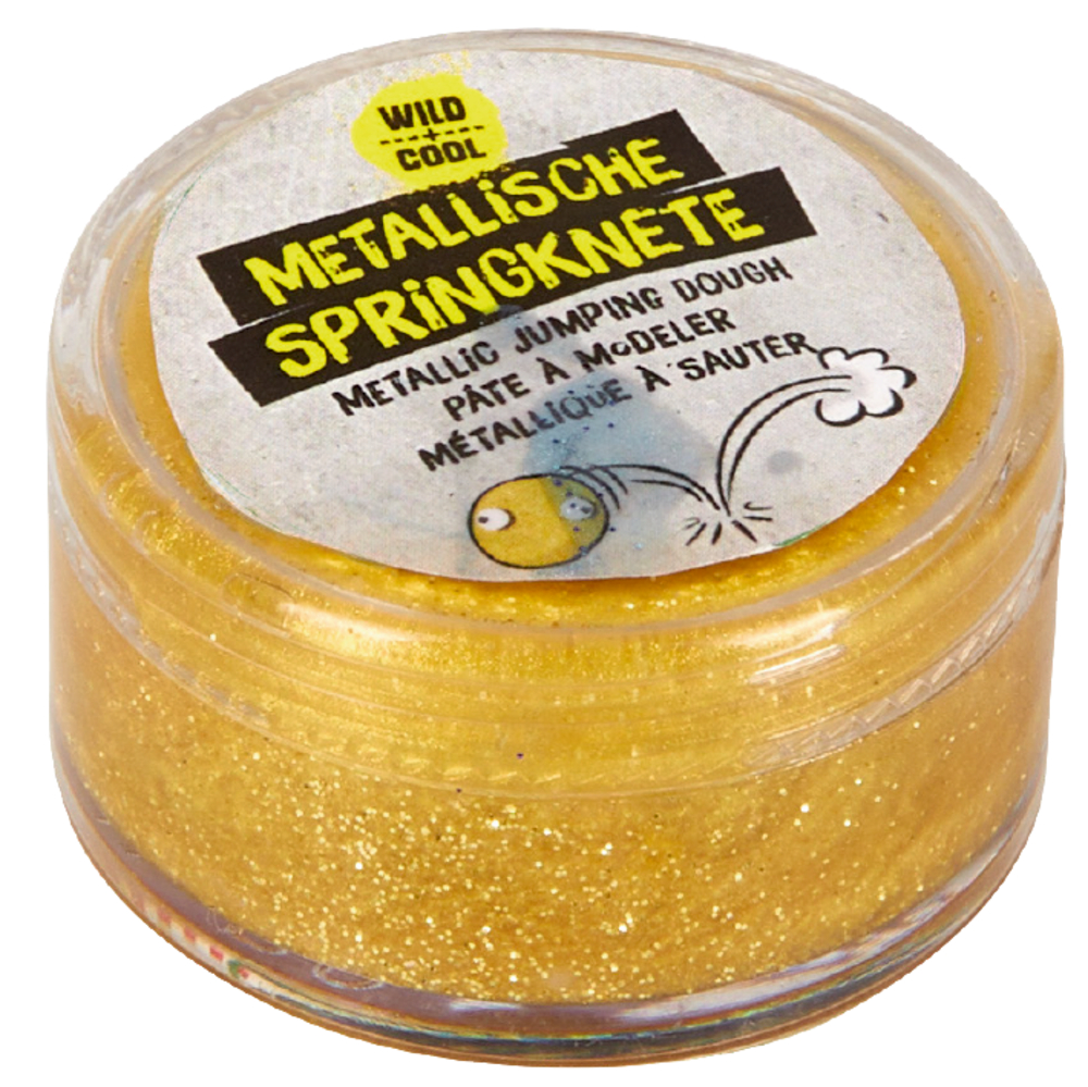 Runde Dose mit goldfarbener, glitzernder Knetmasse und Aufdruck „Metallische Springknete“.