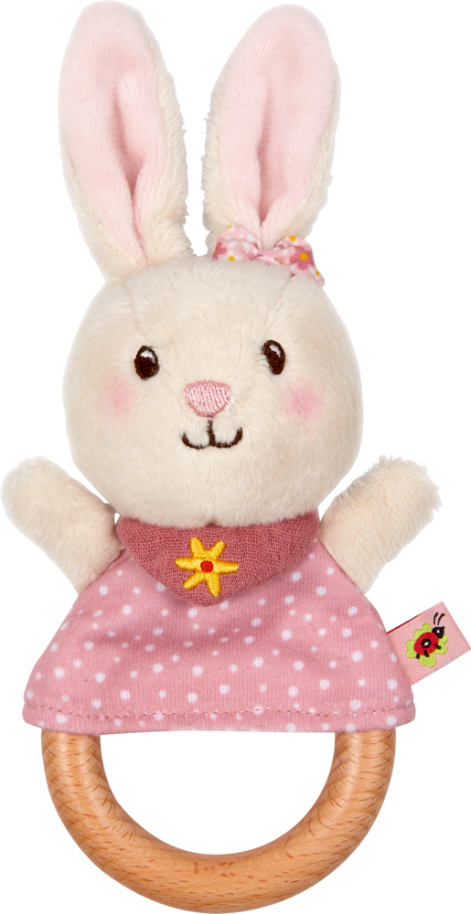 Greifling Häschen, rosa - BabyGlück Plüschhasenspielzeug im rosa Kleid mit Holzringgriff, gesticktem Gesicht und aufrechten Ohren.