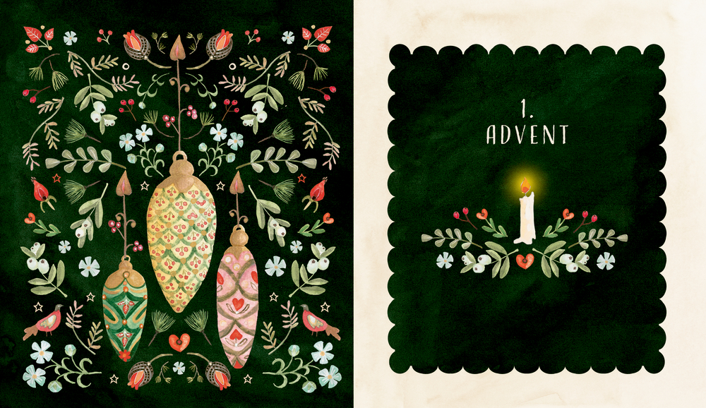 Weihnachtsschmuck im Volksstil, Vögel, Blumen und eine brennende Kerze mit der Aufschrift „1. ADVENT“ auf der rechten Seite.