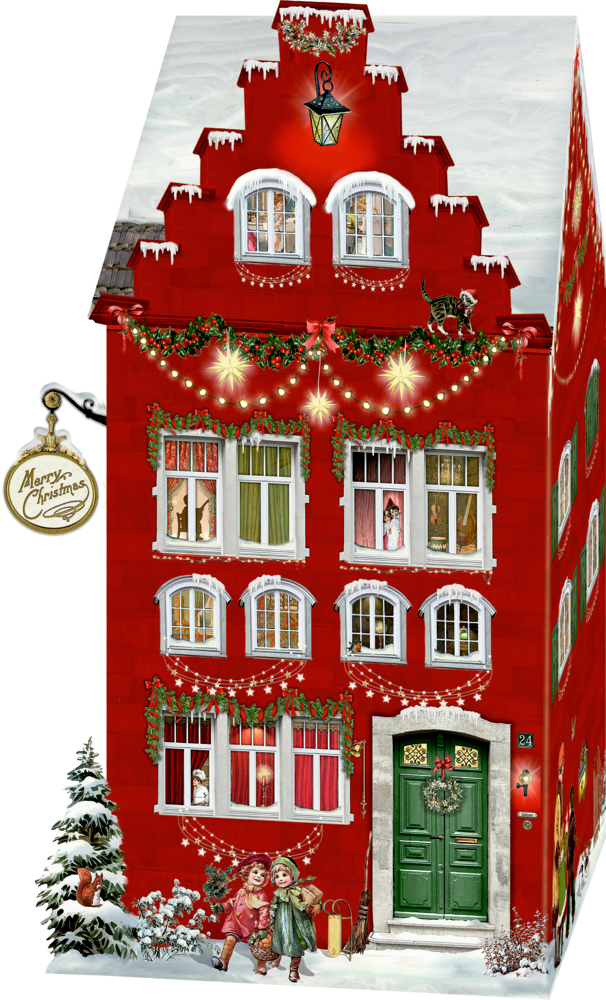 Ein festliches rotes Haus, geschmückt mit Lichtern, Kindern und einem „Merry Christmas“-Schild.