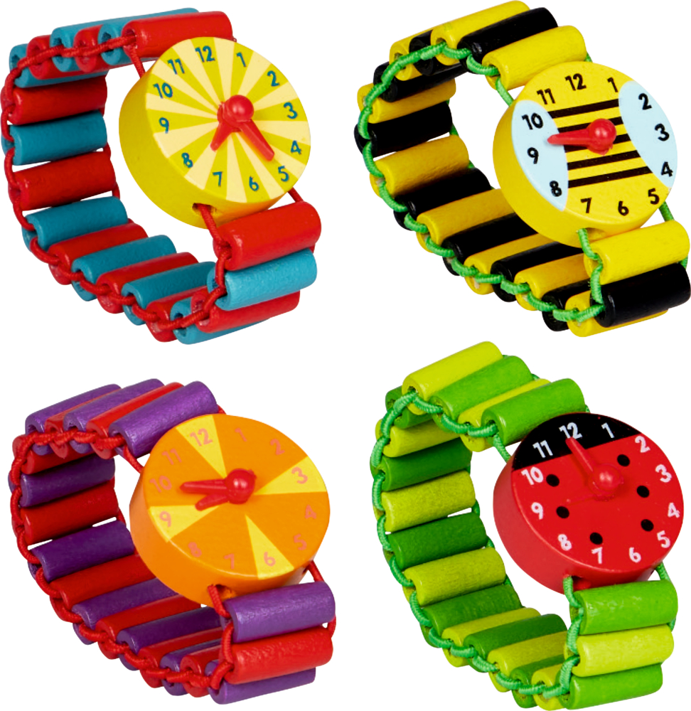 Meine erste Uhr Bunte Geschenke Vier Spielzeuguhren in verschiedenen Farben und mit einem eigenen Zifferblattdesign.