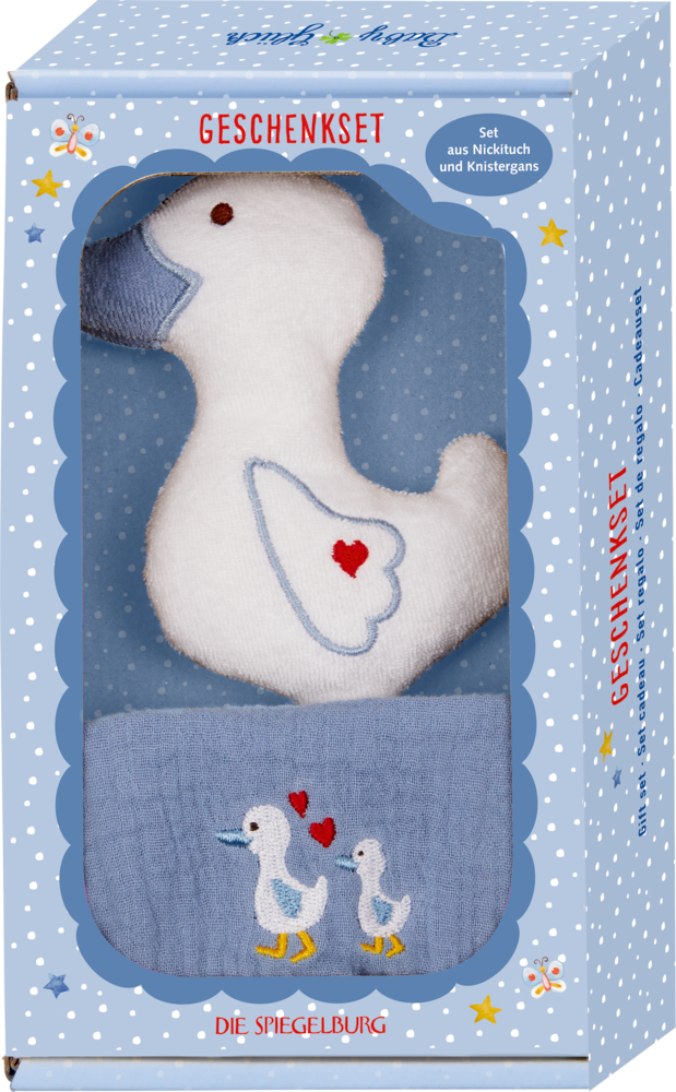 Geschenkset Gans, hellblau - BabyGlück Geschenkset: weiße Plüschgans und blaues Tuch mit zwei Gänsen, in einer blau gepunkteten Schachtel.