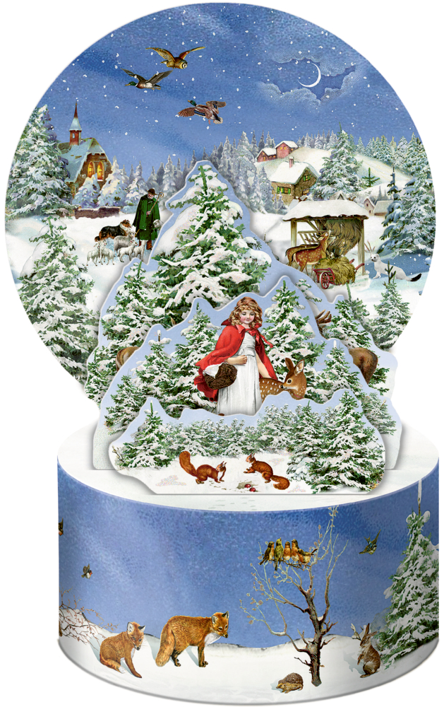 Aufstell-Mini-Adventskalender mit winterlicher Waldszene, Schneelandschaft, Tieren und Mädchen im roten Umhang mit Reh.