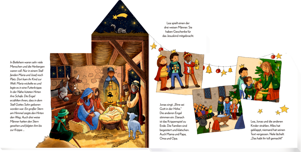 Kinder und Erwachsene treffen sich an einer Weihnachtskrippe und feiern unter Lichterketten und festlicher Dekoration, auf einer Doppelseite mit Text.