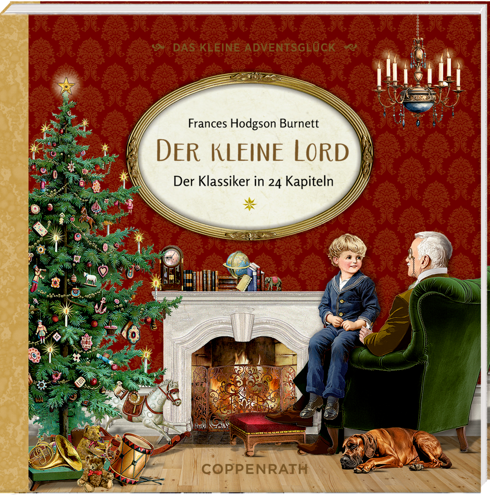 Der kleine Lord, Das kleine Adventsglück - Adventskalenderbuch (Behr) Buchcover mit einem Jungen und ein älterer Mann am Kamin neben einem geschmückten Weihnachtsbaum in einem nostalgischen Wohnzimmer.