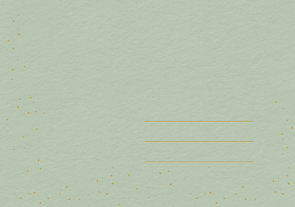 Briefumschlag: Hellgrüner Hintergrund mit goldenen Sprenkeln und drei goldenen Linien rechts.