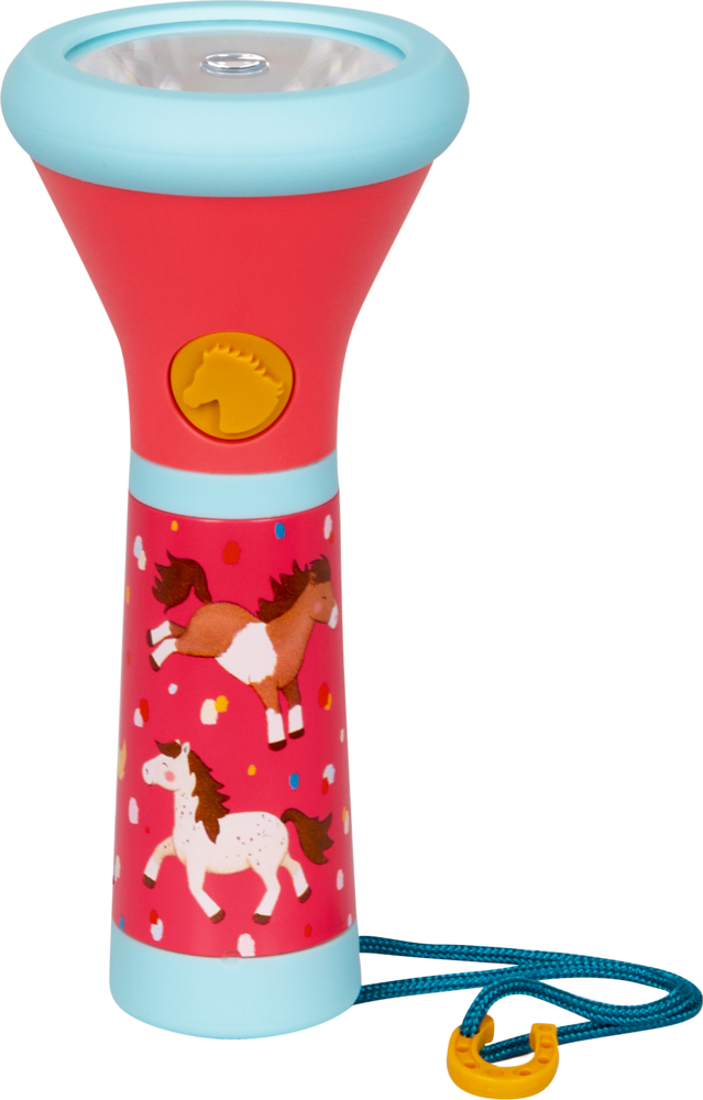 Kinder-Taschenlampe - Mein kleiner Ponyhof Rot-blaue Kindertaschenlampe mit Pferdeillustrationen und blauem Armband.