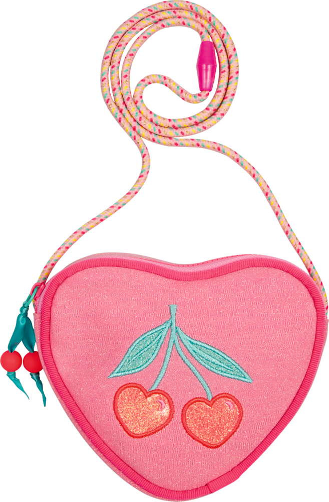 Herzförmige rosa Tasche mit Kirschmotiv und buntem Riemen mit pinkem Sicherheitsverschluss.
