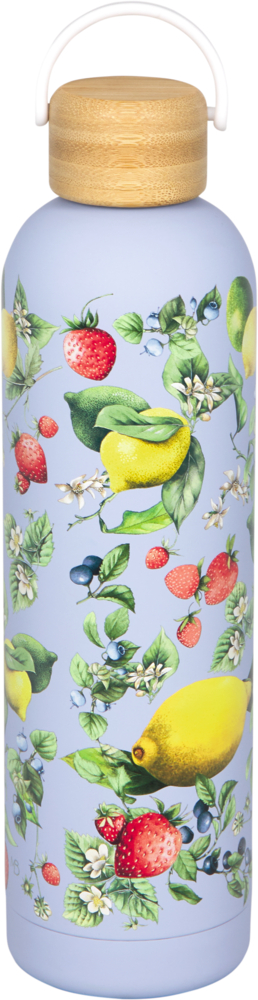Lavendelfarbene Wasserflasche mit Bambusdeckel, verziert mit bunten Obst- und Blumenmotiven.