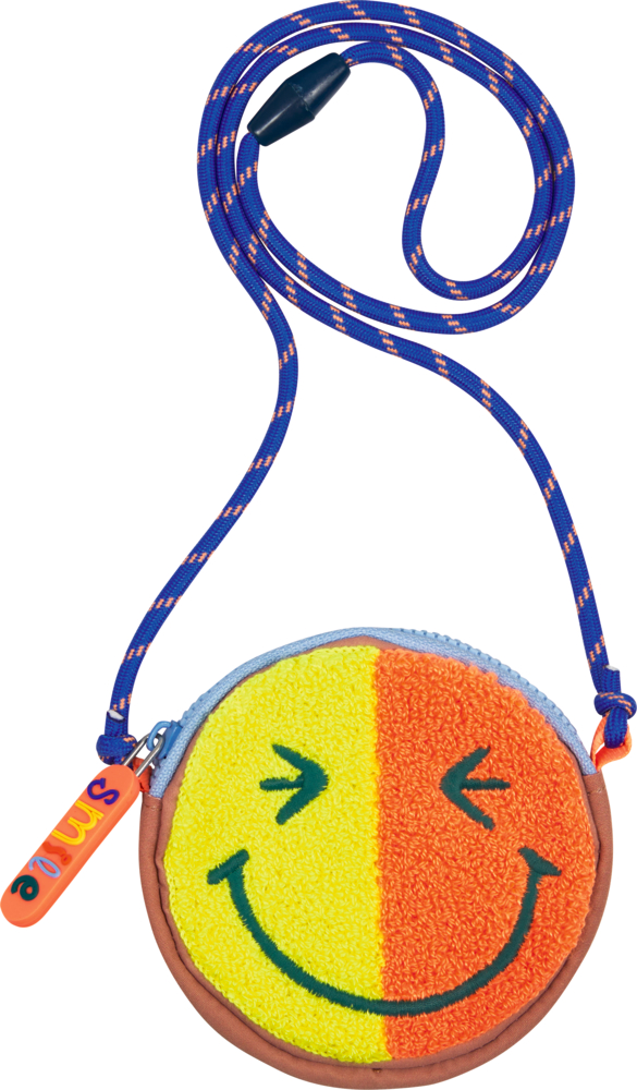 Runder Brustbeutel mit gelbem und orangem zwinkerndem Smiley, blaues Band, SMILE-Reißverschlussanhänger.