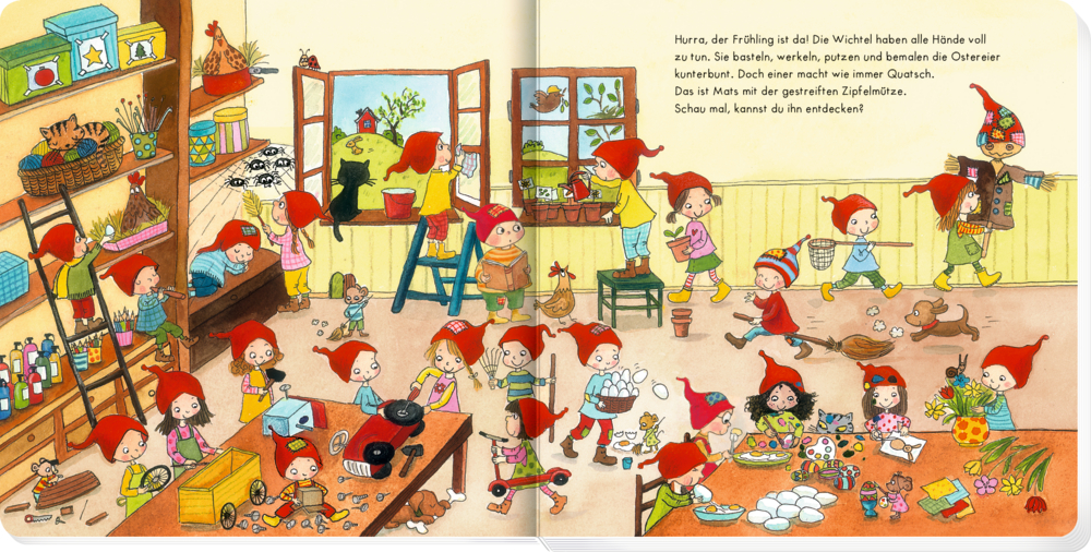 Mehrere Elfen mit roten Hüten arbeiten, reinigen und spielen in einer bunten, lebendigen Werkstatt.