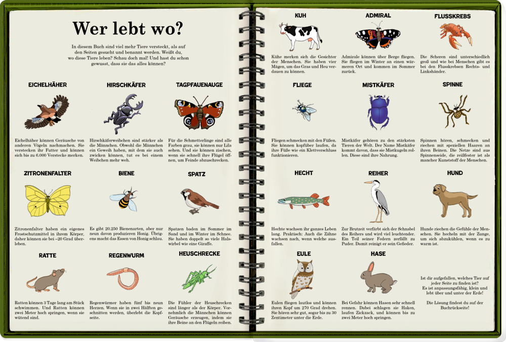 Buchseite mit abgebildeten Tieren und Insekten, jeweils mit kurzen Beschreibungen.