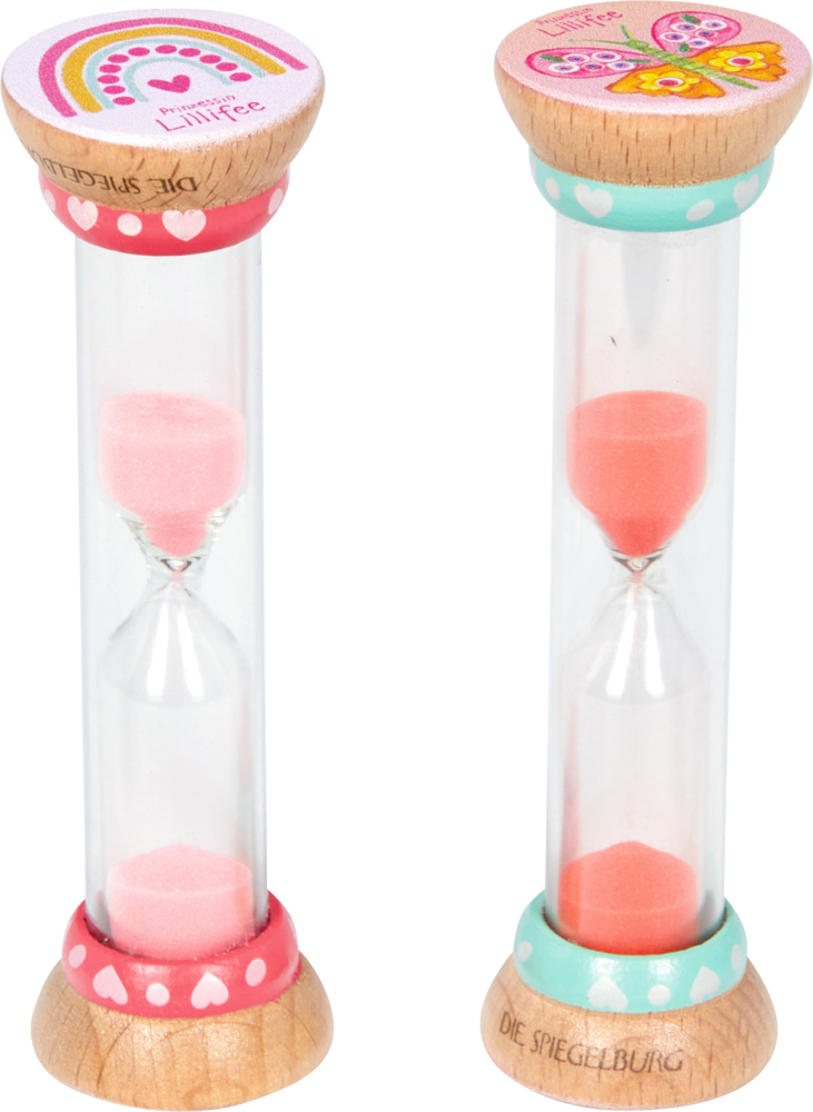 Sanduhr zum Zähneputzen - Prinzessin Lillifee 2 Sanduhren aus Holz mit rosa Sand, verziert mit Herzen, Regenbögen und Schmetterlingen.