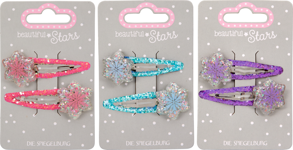 Haarclips Eisblume - beautiful Stars Drei Sets glitzernder Haarspangen in Sternform in Pink, Blau und Lila auf gepunkteten Displaykarten.