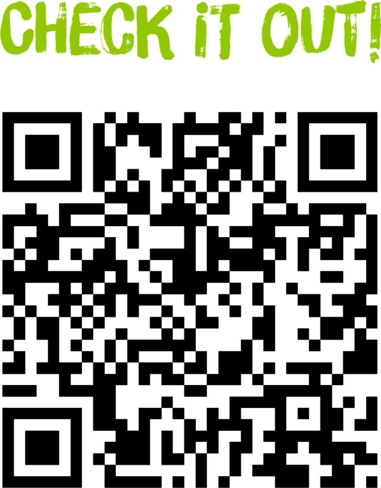 Schwarzer QR-Code mit grünem Text „CHECK IT OUT!“ darüber.